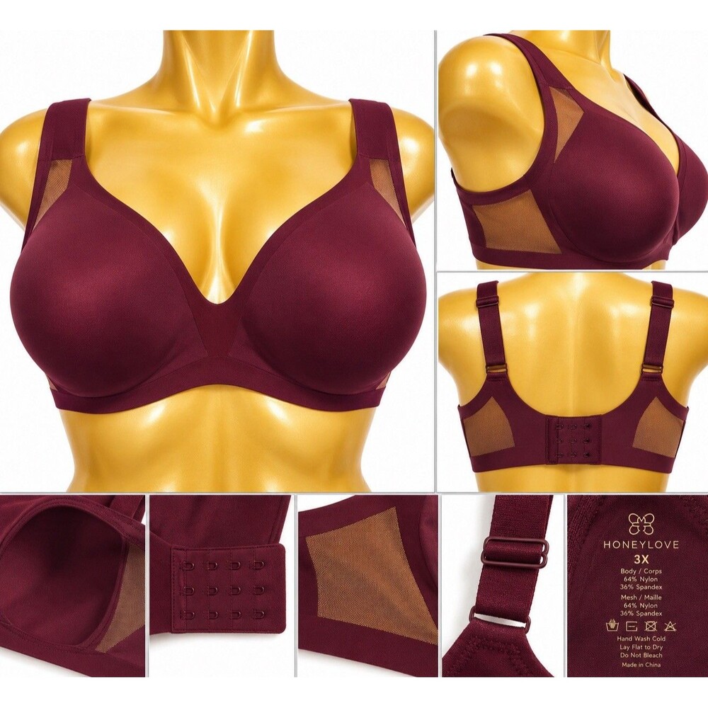 Honeylove V-Neck Soft Flex Smoothing Bra Full Coverage Wireless Size 3X Mesh